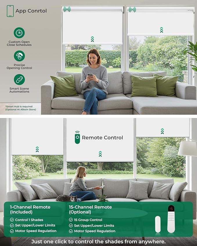 Allesin Motorized Blinds with Remote | Automatic Blackout Roller Shades, Easy Install & Smart Control Electric Blinds for Home Office, Living Room (White 23" W x 72" H)