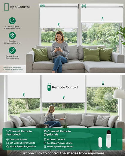 Allesin Motorized Roller Blinds with Remote Control for Windows, Blackout Automatic Smart Shades,Dry Battery Powered Electric Blind (Snow White 34" W x 72" H)