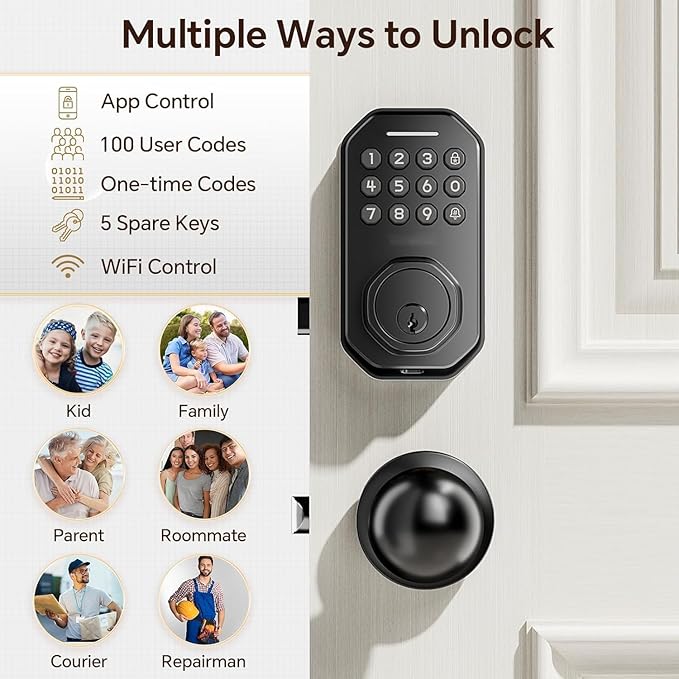 Ulecoce Keyless Entry Door Lock Set WiFi Smart App Control Door Lock for Front Door Keypad Deadbolt with 2 Knobs Auto Lock One Time Codes Easy Install, Black