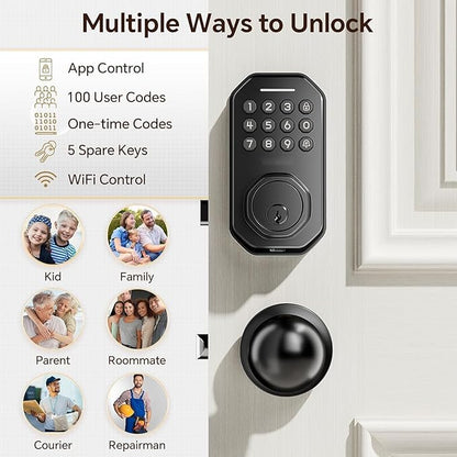 Ulecoce Keyless Entry Door Lock Set WiFi Smart App Control Door Lock for Front Door Keypad Deadbolt with 2 Knobs Auto Lock One Time Codes Easy Install, Black