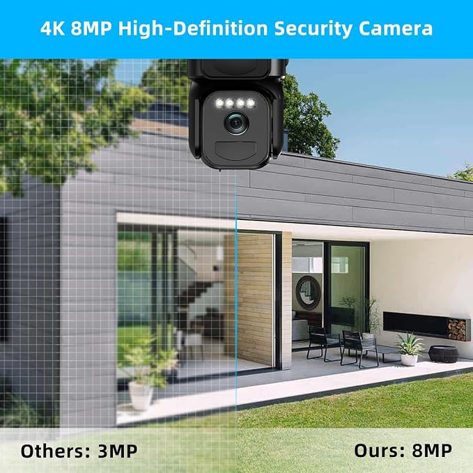 4K Solar Security Cameras Wireless Outdoor Battery Powered, 2.4GHz Dual Lens Bullet & 360° PTZ Outdoor Security Camera with Solar Panel, Digital Zoom, Night Vision,PIR Sensor (1Pack)