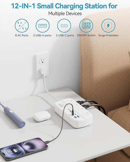 Short Extension Cord 2 Foot - Power Strip Flat Plug Surge Protetor with 8 Outlets 4 USB (2 USB C) Charging Ports, Multi Plug Wall Outlet Splitter for Kitchen Bathroom Hotel Office Desktop Accessories