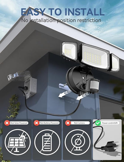 Olafus 50W Motion Sensor Outdoor Light Plug in, Motion Flood Light Dusk to Dawn, 5000LM LED Security Light IP65 Waterproof, Motion Activated 6500K PIR Sensor Lighting for Garage Yard Patio Eave, Black