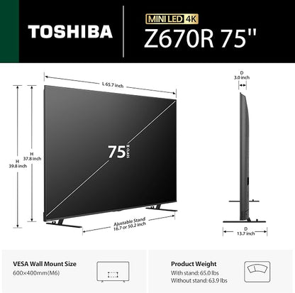 Toshiba 75" Z670 Series Mini-LED 4K UHD Smart Fire TV (75Z670R, 2026 New) - QLED, Native 144Hz, HDR10+, Dolby Vision IQ, REGZA Engine Zri, Dolby Atmos, Game Mode Pro, Alexa Built-in, Japan Quality