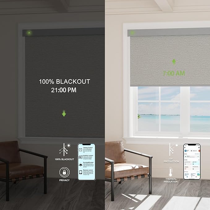 Motorized Blinds with Remote，100% Blackout Smart Blinds Motorized Roller Shades Compatible with Alexa Automatic Blinds for Windows Electric Window Blinds Customized Size Starlight Grey