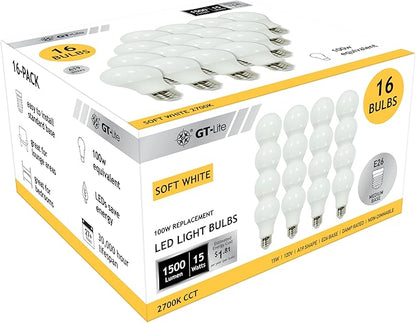 GT-Lite 16 Pack Soft White LED Light Bulbs,100 watt Equivalent,15 watt 1500LM 2700K, A19 Shape, E26 Medium Base, Standard Household Lightbulb for Lamps, Living Room, bedrooms