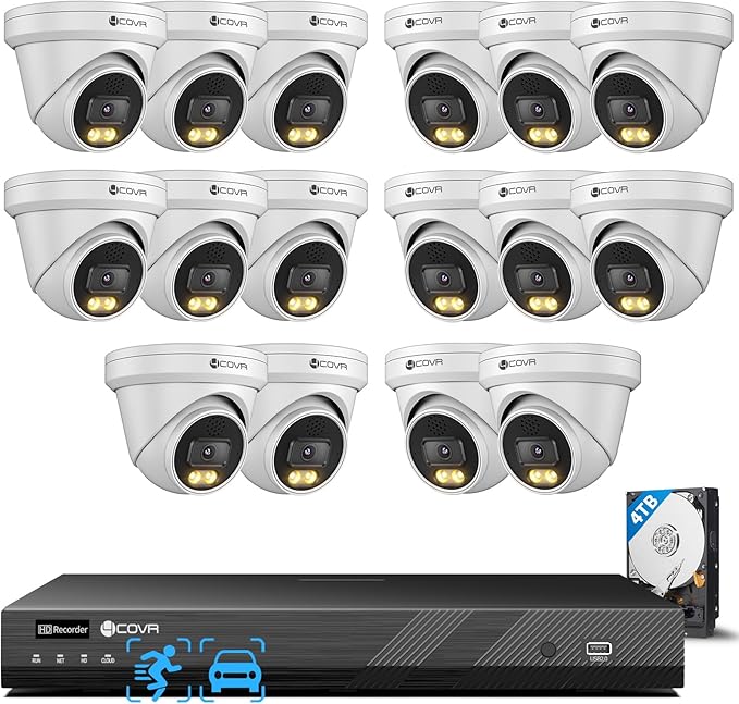 4COVR 16 Channel NVR 4TB HDD Camera Security System 2-Way Talk & Dual Lights Smart Full Color Night Vision, AI Human Vehicle Detection, 16x 5MP IP67 PoE IP Dome Camera for Business, LY97KA5M1616