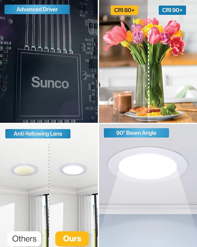 Sunco 48 Pack 4 Inch LED Recessed Lights, Slim Canless Ceiling Lighting, 650 LM, 10W (60W Equivalent), 5000K Daylight, Dimmable, Wafer Thin, Ultra Thin with Junction Box ETL.