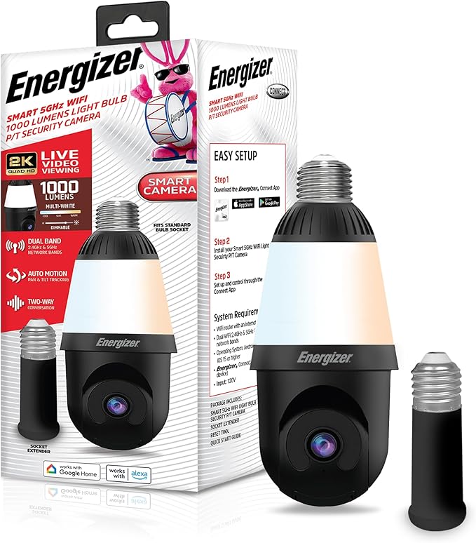 Energizer Smart 2K Light Bulb Security Camera, 1000 Lumens LED Light, 5G&2.4G Wi-Fi Outdoor Socket Camera, Pan Tilt Auto Tracking, Night Vision, 2-Way Audio, Outdoor, Works with Alexa & Google Home