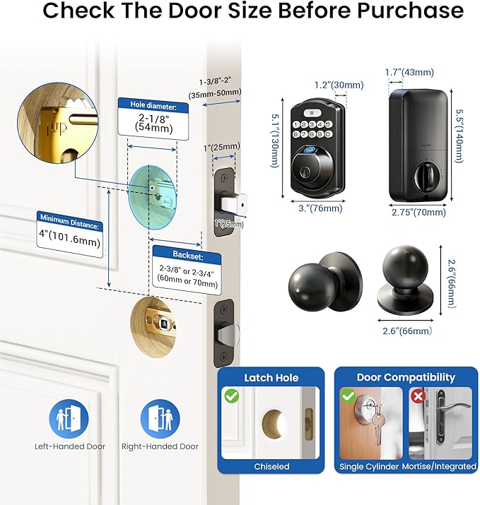 Veise Fingerprint Door Lock with 2 Knobs - Keyless Entry Door Lock with Handle, Electronic Keypad Deadbolt, Smart Front Handle Set, Auto-Locking, Waterproof, Easy Installation, Matte Black