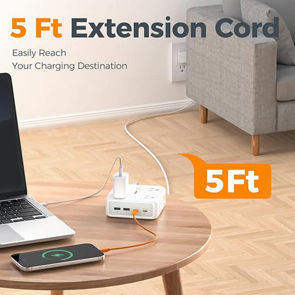 TESSAN Dual Surge Protector Power Strip, 5 Ft Extension Cord Flat Wall Plug with 4 USB (2 USB C) 8 Outlets, 2100J Surge Protection, 20W Multiple Charging Station for Home, Office, College, Dorm, Grey
