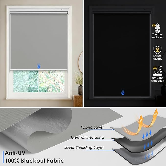 Motorized Roller Blinds with Remote Control & Solar Panel - 100% Blackout Smart Blinds, Automatic, Cordless, Electric Shades - Compatible with Alexa - Grey, 48" W x 72" H