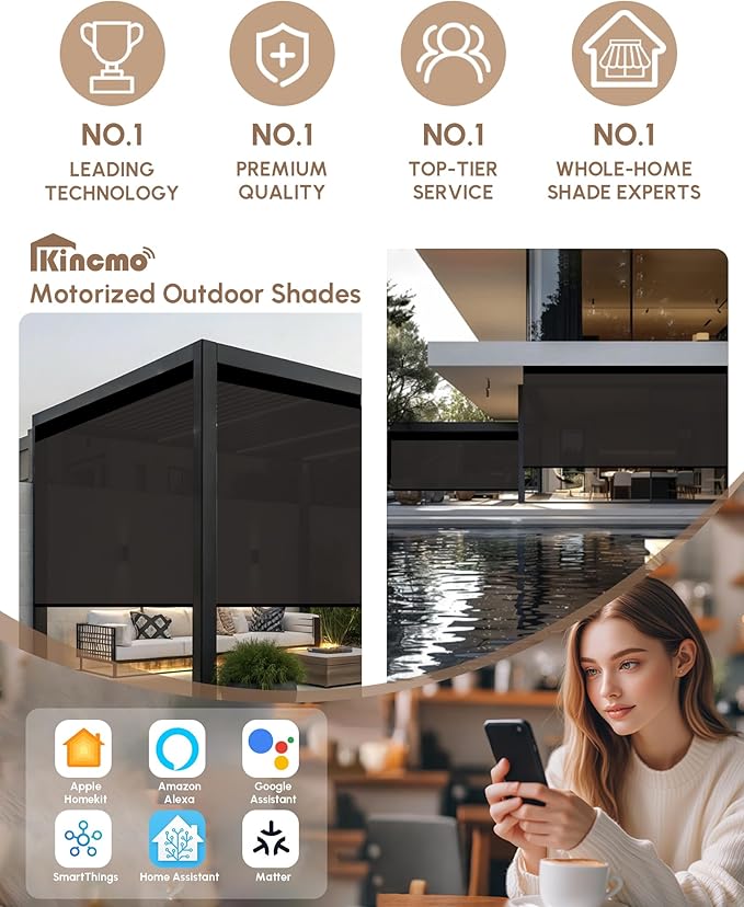 Kincmo Motorized Outdoor Shades for Patio Porch, Custom Outdoor Motorized Blinds with Remote, Waterproof & Windproof Patio Shades Work with Apple Home,Alexa,Google (1% Openness Brown)