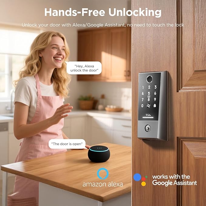 TCL Smart Lock D2 Plus, Keyless Entry Fingerprint Door Lock, Touchscreen Keypad Deadbolt Lock, Built-in Doorbell, Auto Lock, App Control, Alexa, Google Home Compatible, Easy Install for Front Door