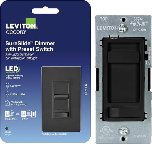 Leviton SureSlide LED Advanced Dimmer Switch for 150W Dimmable LED, Halogen and Incandescent Bulbs and Fixtures, 66741-E, Black