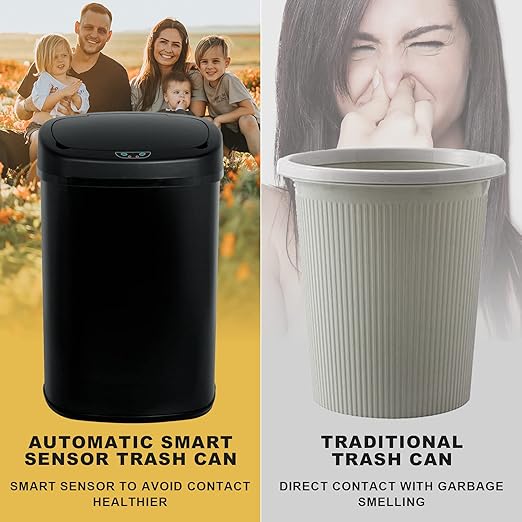 HCY Kitchen Trash Can 13 Gallon Automatic Metal Garbage Can Stainless Steel Waste Bin with Lid Smart for Kitchen,Office,Living Room,Bathroom(Black)