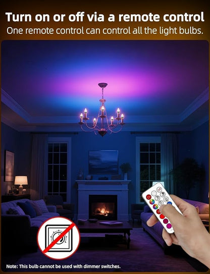 HEKEE E12 Candelabra Light Bulbs, Color Changing Bulb with Remote, Plug-in Only, E12 Base, 12 RGB+2700K Warm White, 40W Equiv (5W), 450LM, Timer, 2 Modes, for Chandelier/Ceiling Fan, 4 Pack
