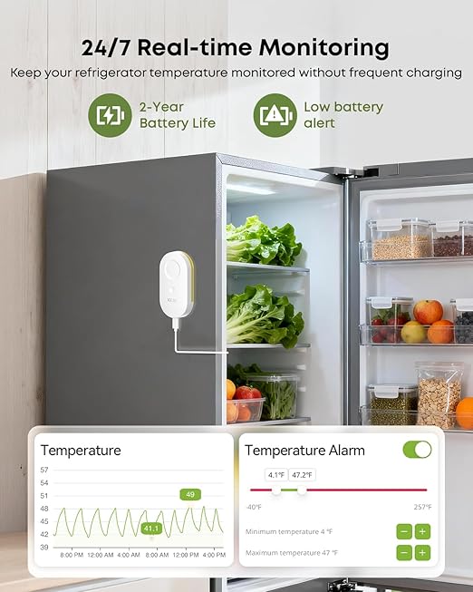 MOCREO WiFi Refrigerator Thermometer with Freezer Alarm, App Email Buzzer Alerts, Power Outage Alert, Pass-Through Outlet Hub, 2 Sensors, Ultra-Flat Probe, Remote Temperature Monitor for Home Kitchen