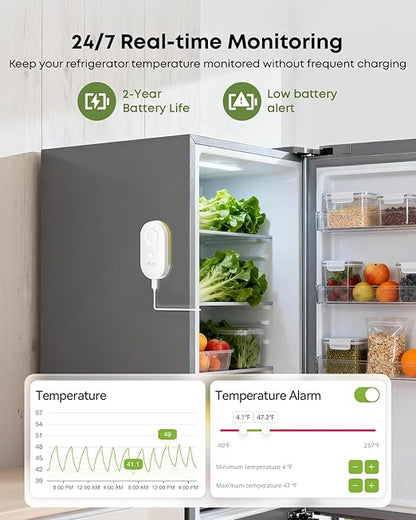 MOCREO WiFi Refrigerator Thermometer with Freezer Alarm, App Email Buzzer Alerts, Power Outage Alert, Pass-Through Outlet Hub, 2 Sensors, Ultra-Flat Probe, Remote Temperature Monitor for Home Kitchen