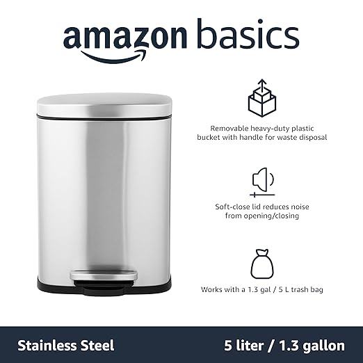Amazon Basics MINI Trash Can, 1.32 Gallon (5L) Smudge Resistant Rectangular Bin with Soft-Close Lid, Step Foot Pedal, Removable Inner Bucket, Brushed Stainless Steel, for Bathroom, Satin Nickel Finish