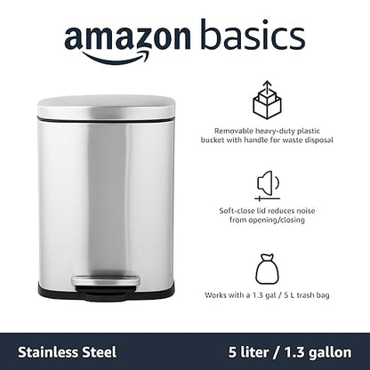 Amazon Basics MINI Trash Can, 1.32 Gallon (5L) Smudge Resistant Rectangular Bin with Soft-Close Lid, Step Foot Pedal, Removable Inner Bucket, Brushed Stainless Steel, for Bathroom, Satin Nickel Finish