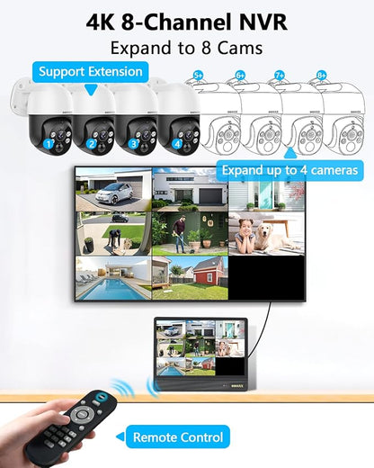 (2026 New) 4K PoE PTZ Security Camera System with 10'' Monitor, 8CH NVR, 6 Wired Outdoor Cameras, Pan Tilt Auto Tracking, AI Human Detection, Free App, No Monthly Fee, IP65