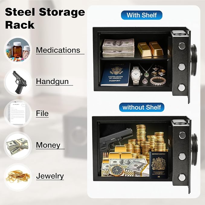 XDeer Biometric Safe with Fireproof Bag, 0.78 CuFt Small Safe with APP | Fingerprint/APP/Backlit Keypad/Keys, LED Light, Adjustable Shelf, Money Safe Box, Smart Home Safe for Cash/Jewelry/Document