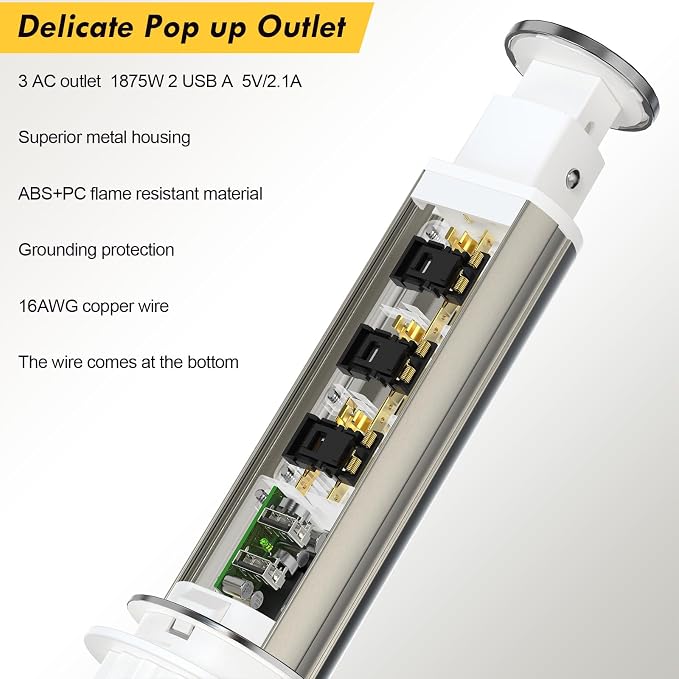 Pop Up Outlet for Countertop, Receptacle Power Strip with 3 AC Outlet 2 USB Ports, Pull Pop Up Power Socket Outlet, 2.5" Hole Recessed Outlet for Kitchen Counter Conference Desk Office, White