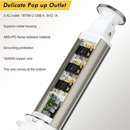 Pop Up Outlet for Countertop, Receptacle Power Strip with 3 AC Outlet 2 USB Ports, Pull Pop Up Power Socket Outlet, 2.5" Hole Recessed Outlet for Kitchen Counter Conference Desk Office, White