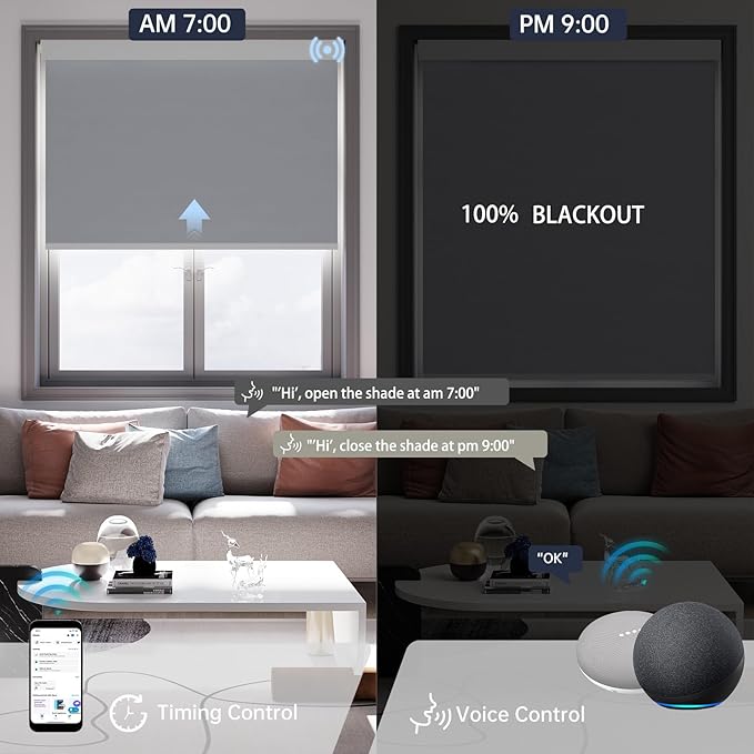 Motorized Blinds with Remote, Blackout Smart Blinds for Windows Automatic Shades Compatible with Alexa, Motorized Shades Customized for Bedroom Home Office (Blackout-Fabric Light Grey)