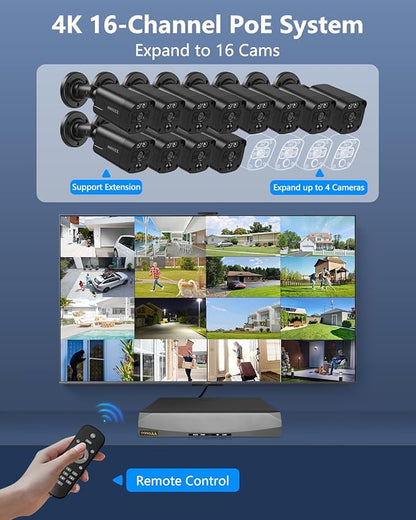 OOSSXX (2026 Update) 4K PoE Security Camera System w/PIR & AI Human Detection, 12CH NVR w/ 3TB HDD, 4 Cameras, 130° Ultra Wide Angle, 45-Day Recording, 2-Way Audio, Remote Control, No Monthly Fee