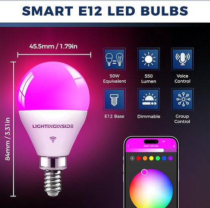 Lightinginside E12 Smart Light Bulbs 50W Equiv., G16.5 RGBCW Candelabra Chandelier Ceiling Fan Smart Bulb Works with Alexa/Google Home/SmartLife, 5W 550LM, 2.4G WiFi Bluetooth Bulb, ETL Listed, 6PCS