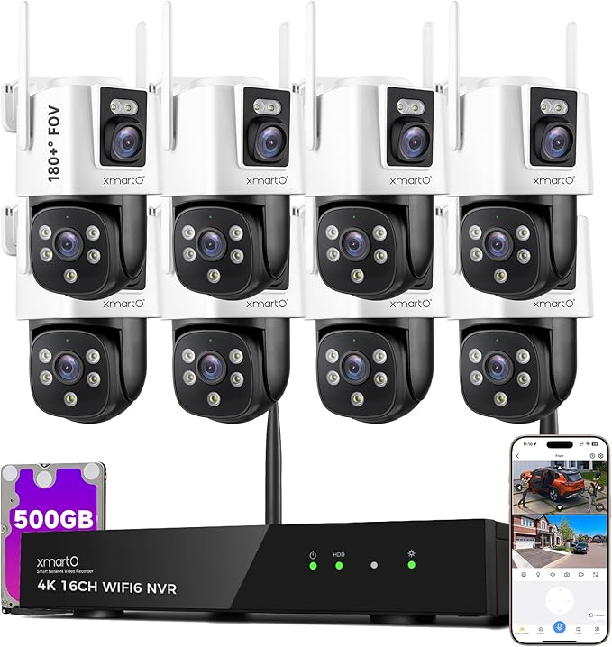 xmartO [8 Dual-Lens Camera Bundle 16-View Long Range WiFi6 Mesh Security System, 16CH 4K Dual Band NVR, 4MP 180°+Static FOV & 360°PTZ AI Tracking, 24/7 Plug-in Surveillance, 500GB HDD, No Monthly Fee
