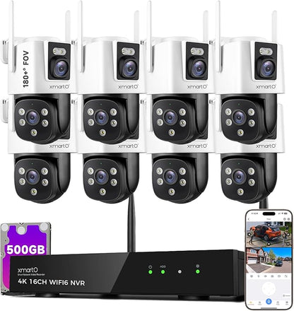 xmartO [8 Dual-Lens Camera Bundle 16-View Long Range WiFi6 Mesh Security System, 16CH 4K Dual Band NVR, 4MP 180°+Static FOV & 360°PTZ AI Tracking, 24/7 Plug-in Surveillance, 500GB HDD, No Monthly Fee