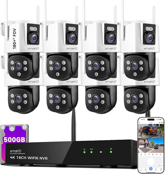 xmartO [8 Dual-Lens Camera Bundle 16-View Long Range WiFi6 Mesh Security System, 16CH 4K Dual Band NVR, 4MP 180°+Static FOV & 360°PTZ AI Tracking, 24/7 Plug-in Surveillance, 500GB HDD, No Monthly Fee