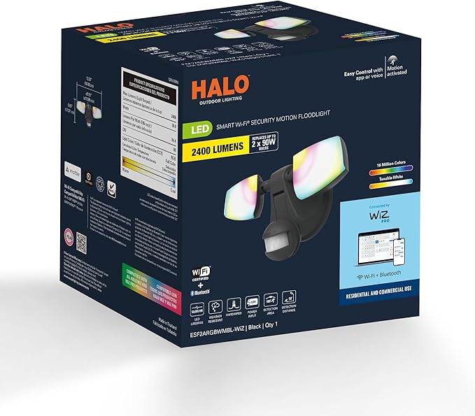 HALO ESF Motion Smart WiFi Color Changing Connected by WiZ Pro LED Security Floodlight for Outdoors - Black - ESF2ARGBWMBL-WIZ