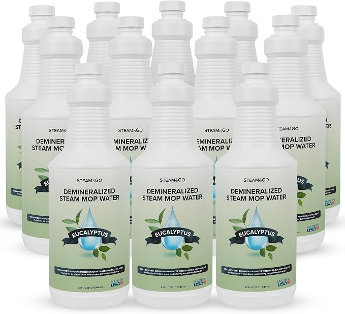 Steam & Go Demineralized Water for Steam Mop – Eucalyptus Mint Scent, 32 oz (Pack of 12) | Scented Floor Cleaner Solution, Ready-to-Use, Compatible with Any Steam Cleaner