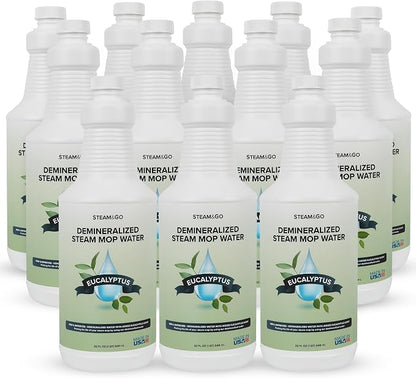 Steam & Go Demineralized Water for Steam Mop – Eucalyptus Mint Scent, 32 oz (Pack of 12) | Scented Floor Cleaner Solution, Ready-to-Use, Compatible with Any Steam Cleaner
