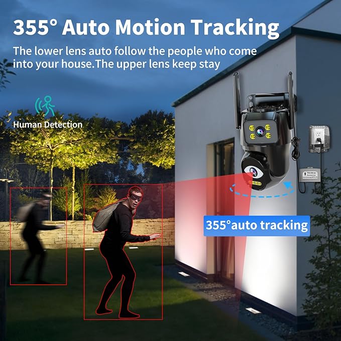 LETSCEE Dual Lens WiFi Security Camera Outdoor, 2.4G/5G PTZ Outdoor Plug-in Camera Auto Tracking,Home Security Surveillance System,WiFi,Night Vision,7/24 Recording