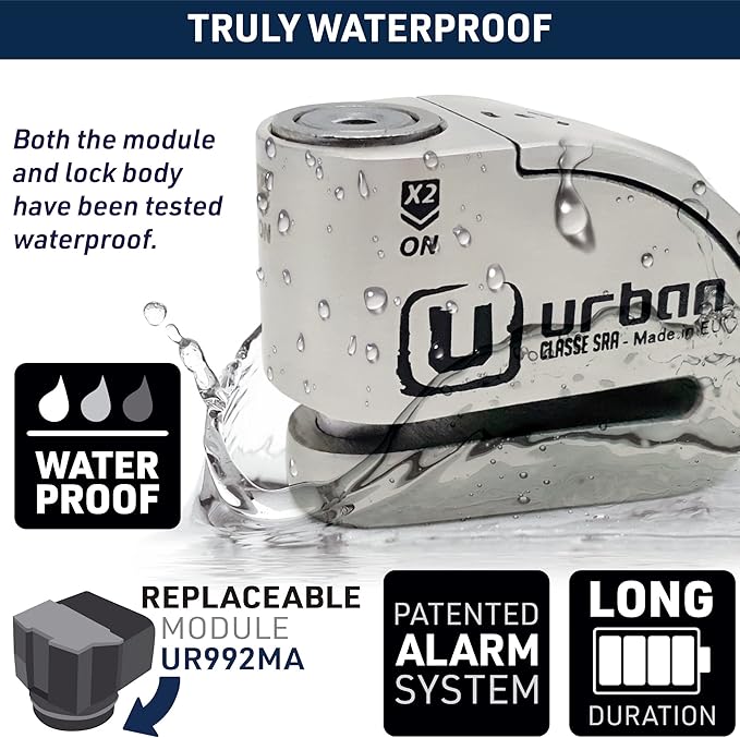 URBAN UR14S Approved Motorcycle Disc Lock with Smart Alarm | 120dB, LED, Warning, A+ Sensitivity, X2 ON | SRA & Sold Secure Gold Tested Anti-Theft for Motorbike | 14mm Double Locking, Stainless Steel