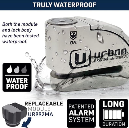 URBAN UR14S Approved Motorcycle Disc Lock with Smart Alarm | 120dB, LED, Warning, A+ Sensitivity, X2 ON | SRA & Sold Secure Gold Tested Anti-Theft for Motorbike | 14mm Double Locking, Stainless Steel