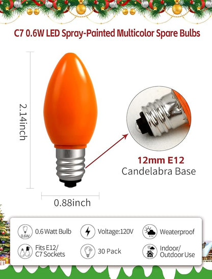 30-Pack C7 LED Replacement Christmas Light Bulbs, Multicolor Shatterproof Outdoor String Light Bulbs, 0.6W Energy Saving, E12 Candelabra Base, Fade-Resistant Holiday Colors