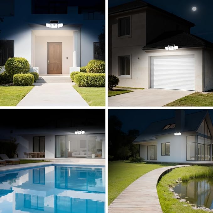 INCX Solar Lights Outdoor with Motion Sensor, 3 Heads Security Lights Solar Powered, 156 LED Flood Light Motion Detected Spotlight for Garage Yard Entryways Patio, IP65 Waterproof, White, 4 Pack.