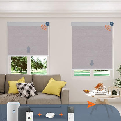 Motorized Blinds Compatible with Alexa Google Custom to 116" Width 100% Blackout Smart Blind Automatic Large Window Roller Shades Remote Control Striped Light Coffee