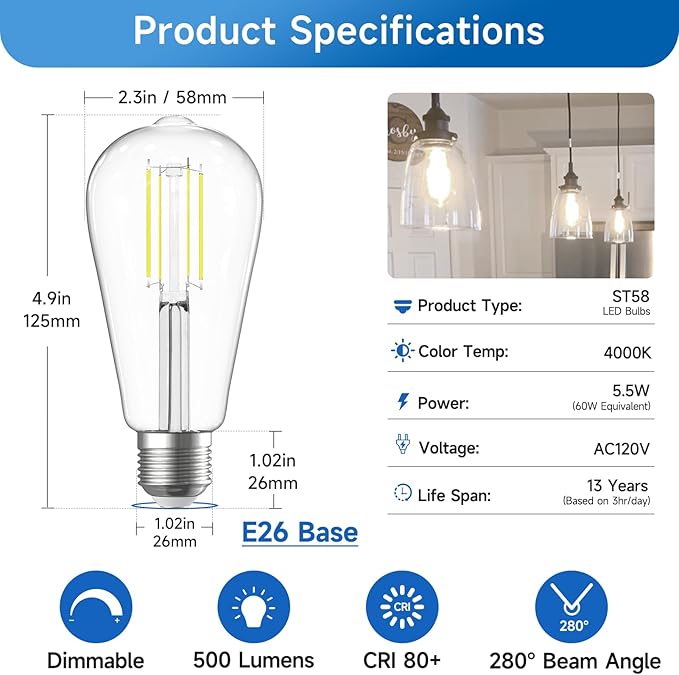 SHINESTAR Dimmable Edison Bulbs, 6W, Equivalent 60W, Bright Daylight White 4000K, Vintage ST58 Antique LED Filament Bulbs, E26 Medium Base, 80+ CRI, Clear Glass, 8 Pack