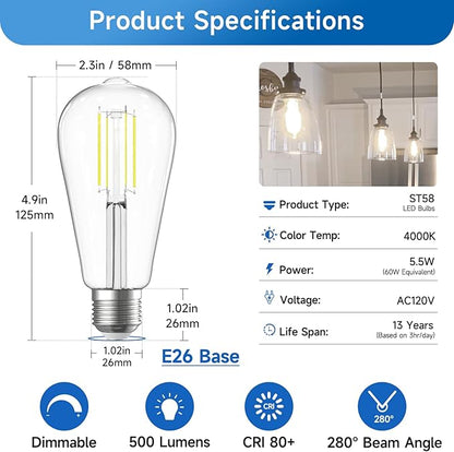 SHINESTAR Dimmable Edison Bulbs, 6W, Equivalent 60W, Bright Daylight White 4000K, Vintage ST58 Antique LED Filament Bulbs, E26 Medium Base, 80+ CRI, Clear Glass, 8 Pack