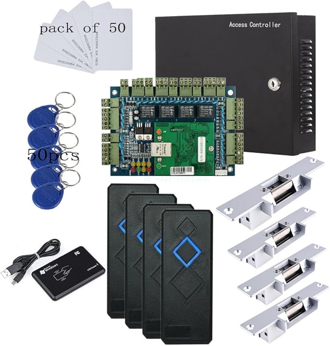 TCP/IP 4 Door Entry Access Control Panel Kit Electric Strike Fail Secure NO Mode Lock Enroll RFID USB Reader 110-240V Power Supply Box RFID Reader Phone APP remotely Open Door