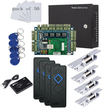 TCP/IP 4 Door Entry Access Control Panel Kit Electric Strike Fail Secure NO Mode Lock Enroll RFID USB Reader 110-240V Power Supply Box RFID Reader Phone APP remotely Open Door