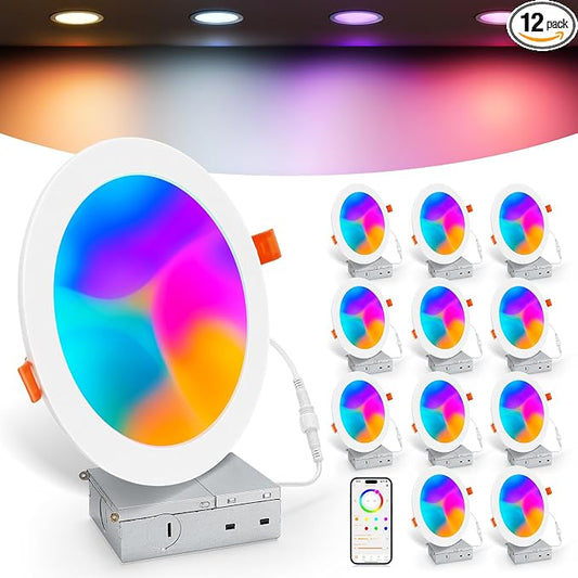 Smart Recessed Lighting 6 Inch, Color Changing LED Canless Recessed Lights | 16 Millions RGBCW Colors, 16W 1500LM Downlight, Compatible with Alexa, Voice & App Control with Junction Box, 12Pack