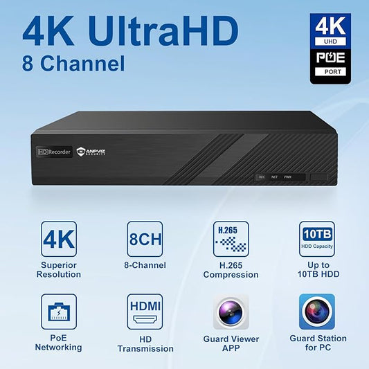 Only Plug & Play with Anpviz U Series Camera, 4K 8CH PoE NVR Network Video Recorder Included 2TB HDD, 8 Channel NVR Support 8MP/6MP/5MP/4MP/3MP IP Camera for 24/7 Recording, NDAA, NVR3108M1-8P-2TB